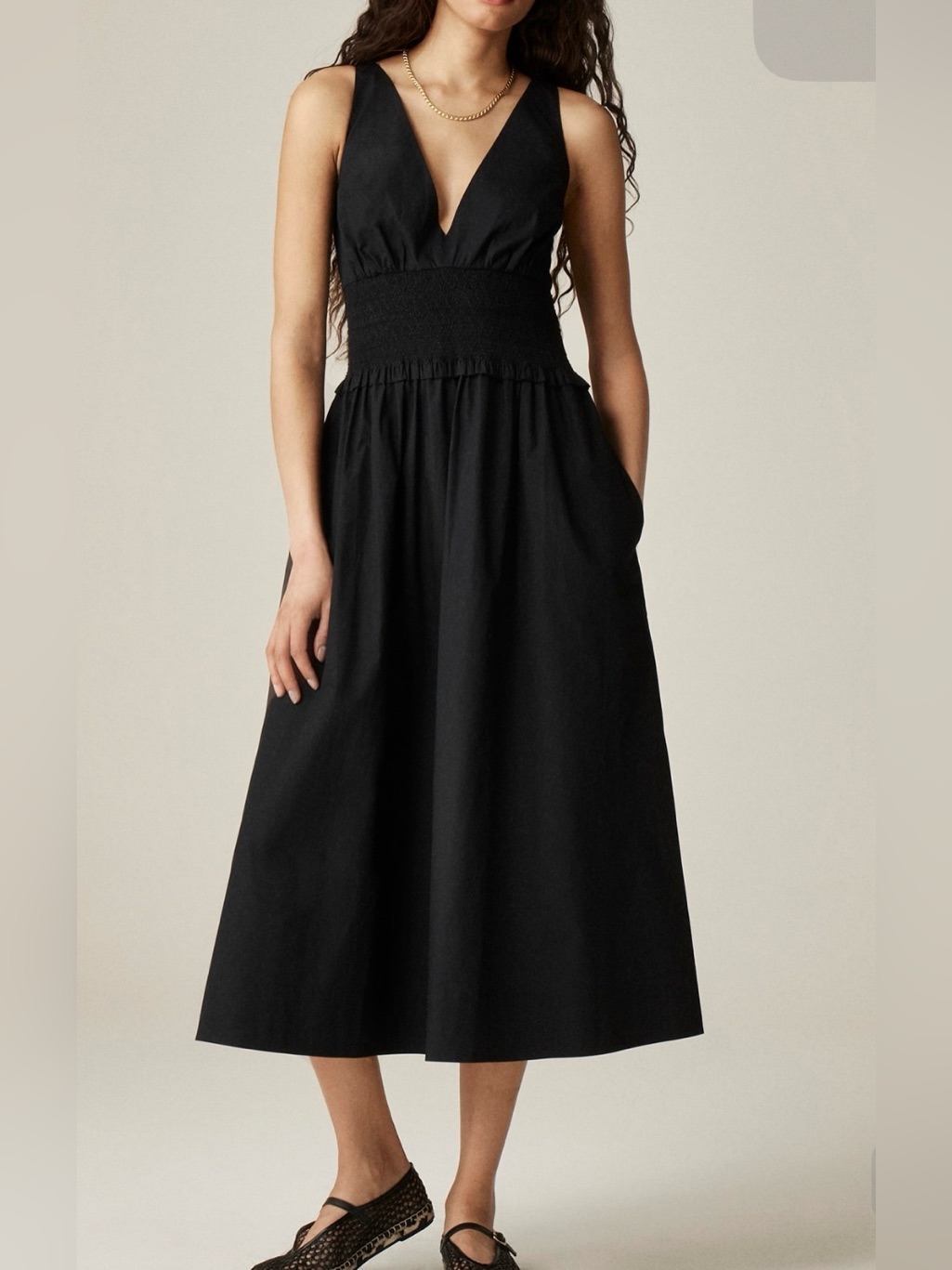 J.Crew Plunge Smocked-Waist Dress In Cotton Poplin ~ Black ~ Sz Xxs